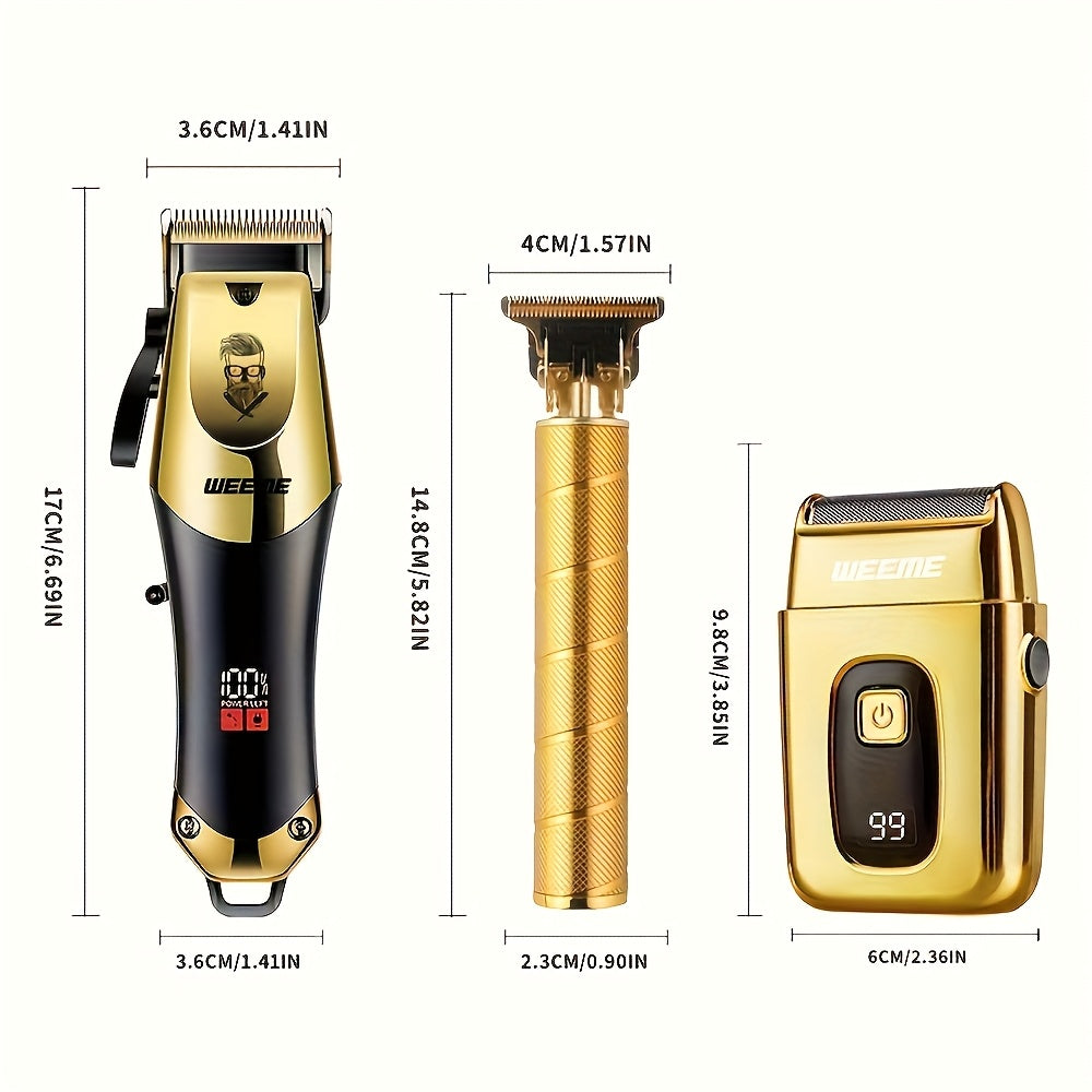 Weeme Men'S Makeup Bag 1pack/ 3pcs/4pcs, Golden And Black Hair Clippers With USB Charging LCD Screen, 8 Guide Combs, Cutting Machine And Shaver, Including Cleaning Brush And Comb, Men'S Economy Gift, Ideal Father'S Day Gift For Men.