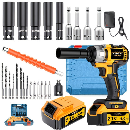 21V Cordless Electric Impact Wrench Full Kit – Lithium Battery, Charger, Toolbox & Sockets Included, High Torque Wireless Wrench for Car Repair, Home & Family Use, Gift for Men & Mechanics