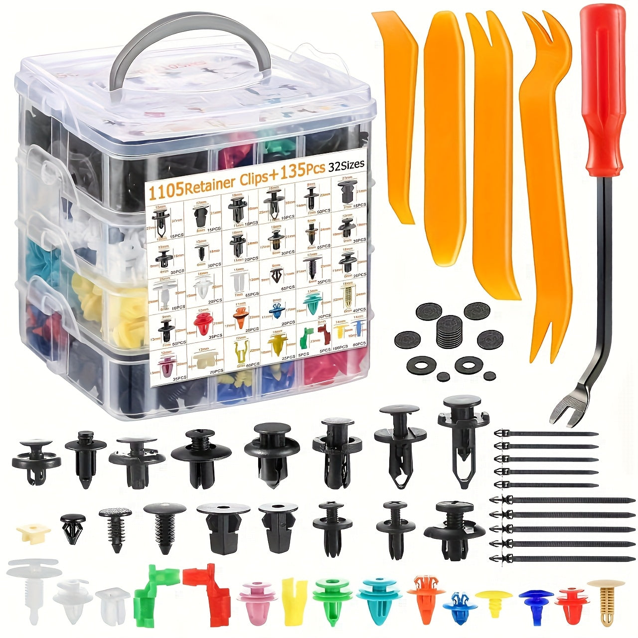 Automotive Plastic Retainer Clips Kit 105/925/1240pcs, PP Body Fastener Assortment with Gaskets Washers Cable Ties & Tools – Universal Car Body Clips for Most Vehicle Models