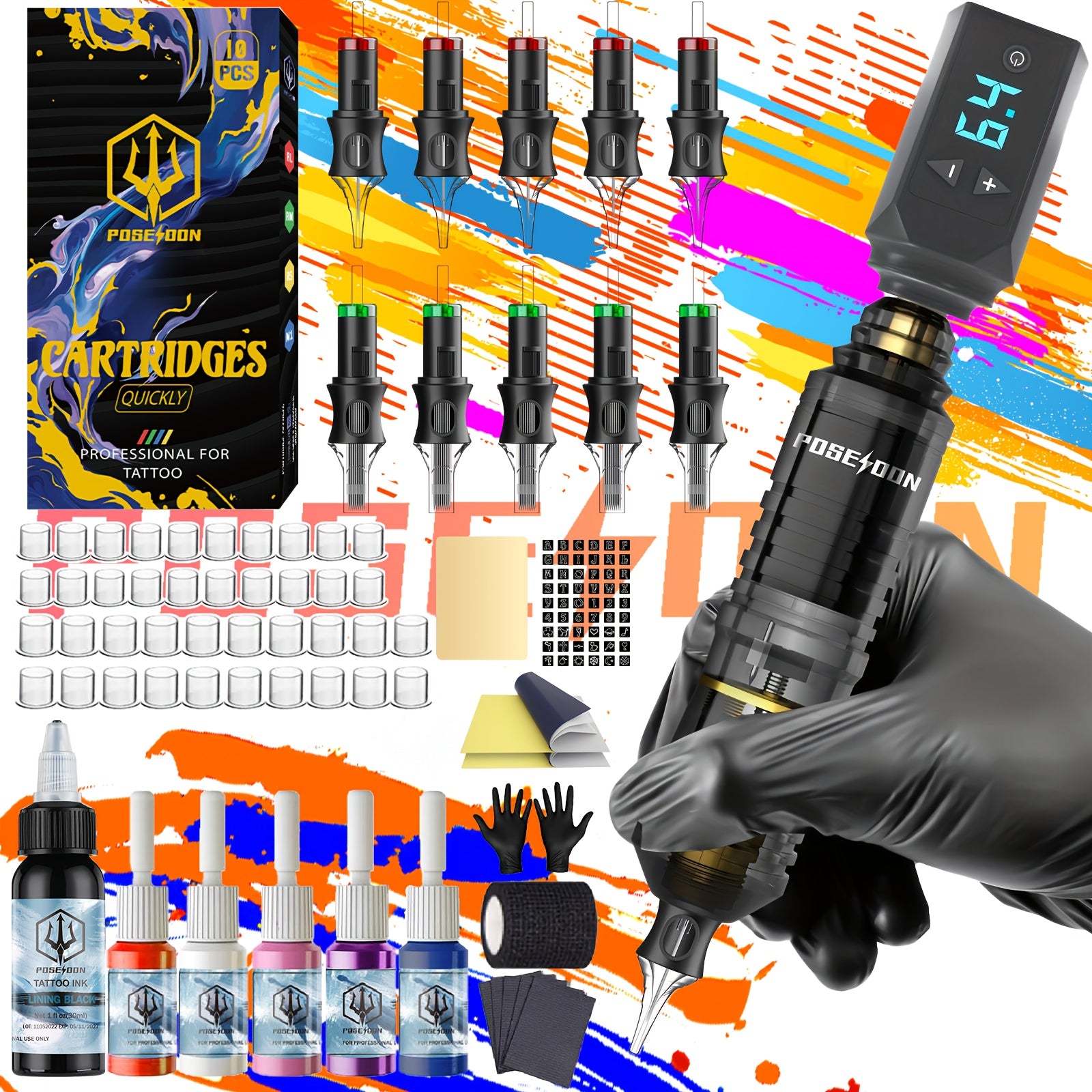 Wireless Tattoo Pen Kit for Beginners - Complete Tattoo Gun Set with LCD Display, Power Supply, 10 Cartridge Needles & 6 Color Inks - Rechargeable Cordless Tattoo Machine, Tattoo Starter Kit