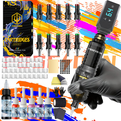 Wireless Tattoo Pen Kit for Beginners - Complete Tattoo Gun Set with LCD Display, Power Supply, 10 Cartridge Needles & 6 Color Inks - Rechargeable Cordless Tattoo Machine, Tattoo Starter Kit