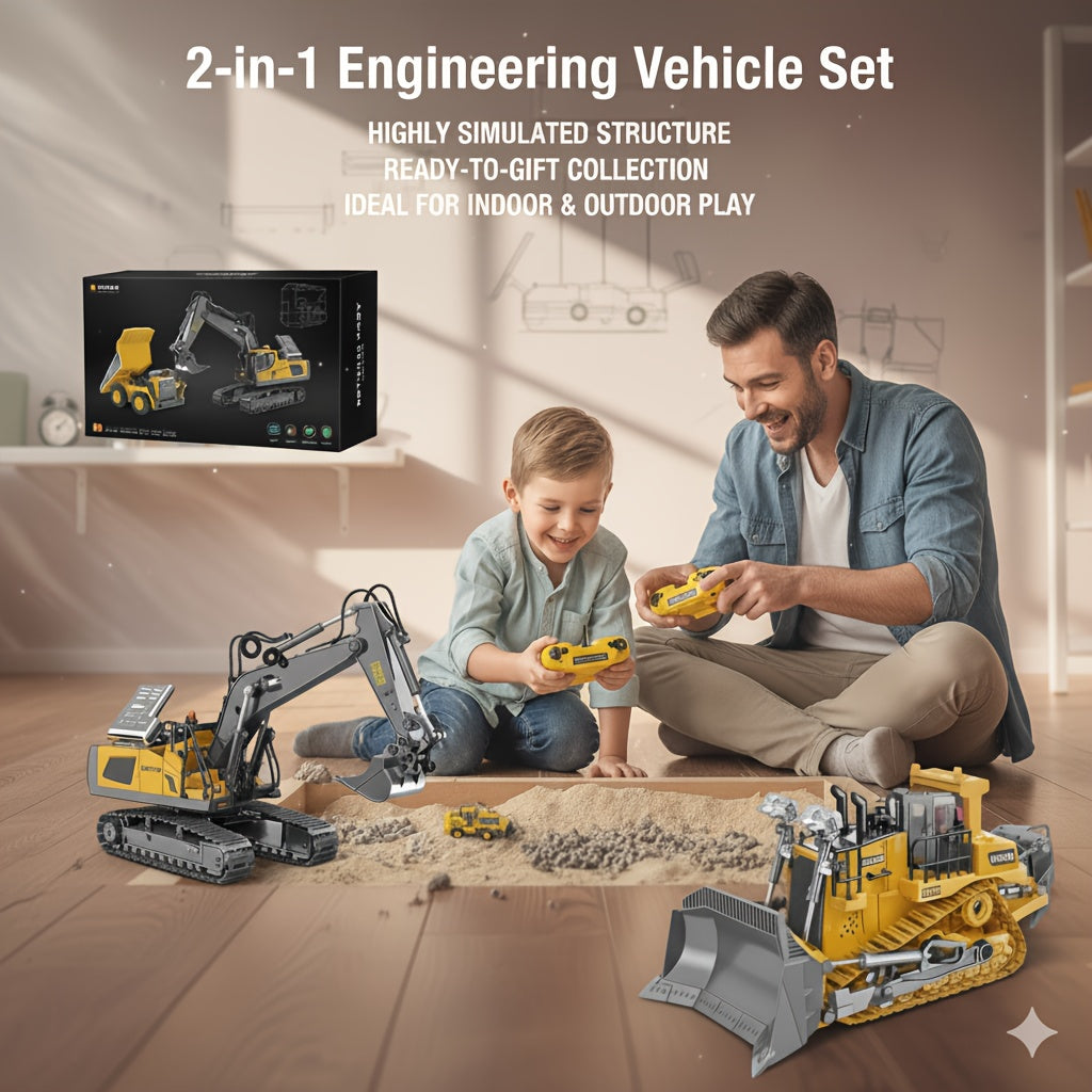 Remote Control Construction Vehicle Set 2.4G 11-Channel RC Excavator Dump Truck Bulldozer Alloy Engineering Toy Cars for Kids – 2pcs 3pcs 4pcs