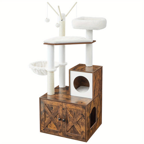 2-in-1 Cat Tree with Hidden Litter Box Enclosure – Modern Cat Condo with Scratching Posts & Removable Pompom Toys, Space-Saving Cat Furniture for Indoor Cats