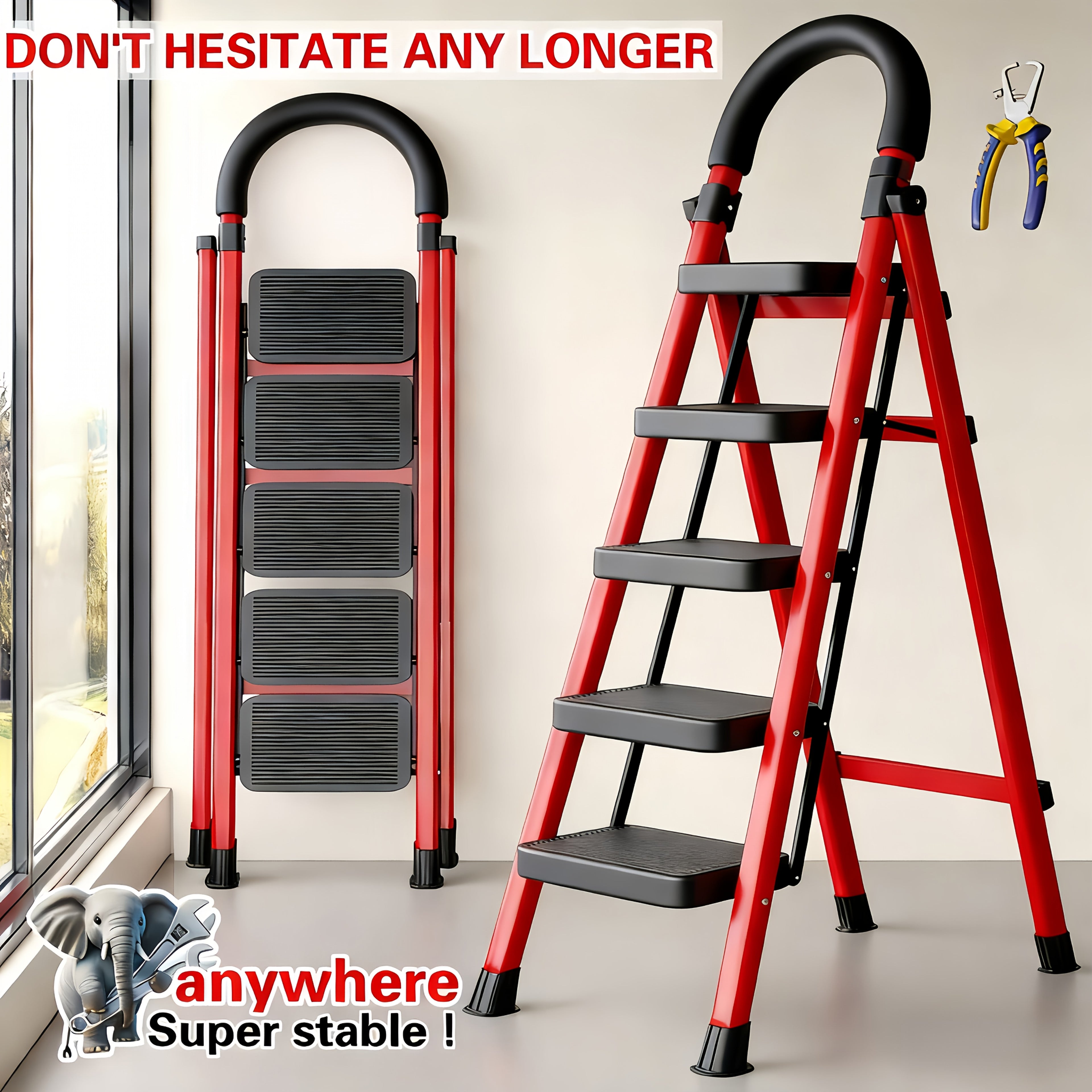 500 Lbs Folding Step Ladder – 3/4/5 Step Heavy-Duty Steel, Anti-Slip Wide Treads, Handrails & Safety Lock, Portable Multi-Use Step Stool for Home, Kitchen & Workshop