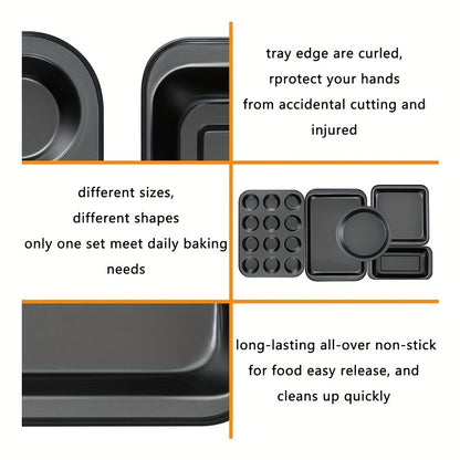 Nonstick Bakeware Set 5pcs – Round & Square Cake Pan, Muffin Pan, Loaf Pan, Roasting Pan & Baking Sheet for Oven, Complete Kitchen Baking Supplies