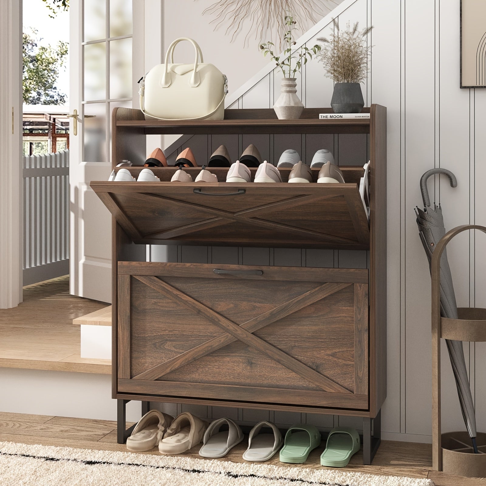 Entryway Shoe Cabinet Rustic Brown with 2 Flip Drawers & Open Shelf - Freestanding Narrow Shoe Rack Organizer Metal Legs Hidden Storage Holds 12-16 Pairs - Canada