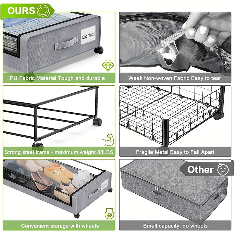 Under-bed Storage Cabinet on Wheels, 1-pack/2-pack Under-bed Storage Container, Under-bed Shoe Rack with Transparent Window and Label, Rolling Under-bed Metal Drawer for Storing Clothes, Shoes, Etc., Under-Bed Storage
