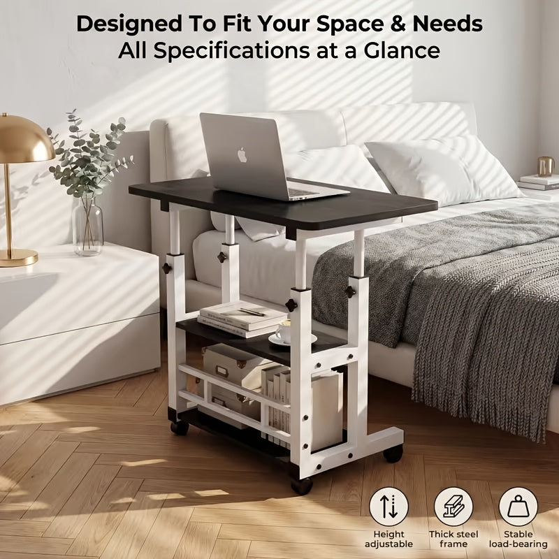Three-Tier Mobile Lifting Desk with Wheels, Portable Side Table with Three-Layer Storage, Space-Saving Laptop Desk Suitable for Small Spaces Beside Sofas