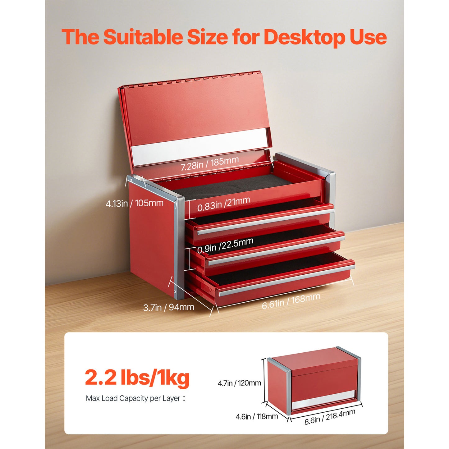 Portable Metal Tool Box with 3 or 5 Drawers 8.6-Inch – Mini Steel Tool Organizer for Desk Workbench Office Workshop, Black or Red (VEVOR)