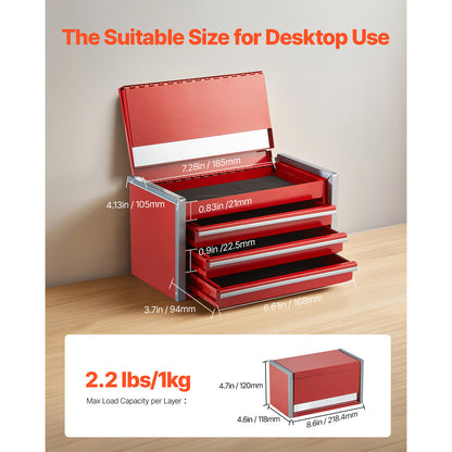 Portable Metal Tool Box with 3 or 5 Drawers 8.6-Inch – Mini Steel Tool Organizer for Desk Workbench Office Workshop, Black or Red (VEVOR)