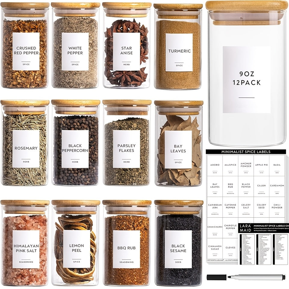 5.99oz/8.99oz-12Packs Empty Glass Jars Set, Cylinder Spice Jars with Bamboo Lids And 75pcs Printed Labels, Food Storage Container Canisters for Home Kitchen, Spice, Herbs, Seasoning, Seed, Tea, Sugar, Salt