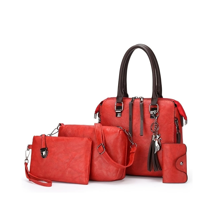 Oil Wax PU Tassel Women's 4-Piece Bag Set – Retro Tote, Crossbody Shoulder Bag, Handbag & Wallet | Large Capacity for Daily Commuting & Travel | Best Birthday, Christmas & Valentine's Day Gift