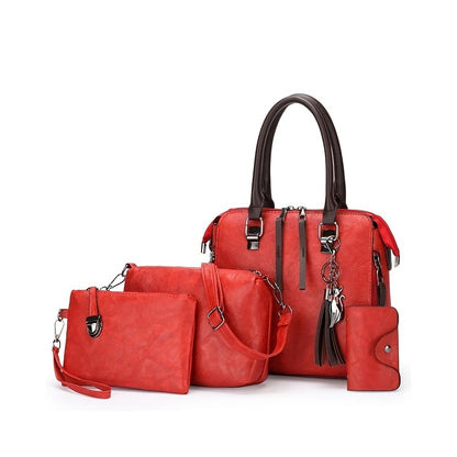 Oil Wax PU Tassel Women's 4-Piece Bag Set – Retro Tote, Crossbody Shoulder Bag, Handbag & Wallet | Large Capacity for Daily Commuting & Travel | Best Birthday, Christmas & Valentine's Day Gift