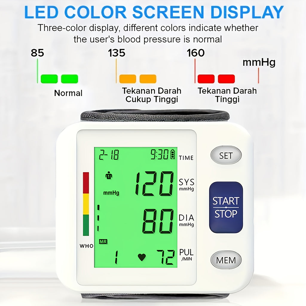Wrist Blood Pressure Monitor Wrist Cuff -tri Color LCD Display With Adjustable Cuff - Tracks Heart Rate And Irregular Heartbeats -99 Memory Storage, Dual User Mode - USB/battery Powered (battery Not Included), Blood Pressure Machine Halloween Gift