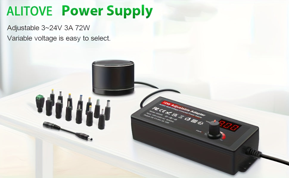 Adjustable DC Power Supply Adapter 72W 3-24V with LCD Display – AC 100-240V to DC Knob-Adjustable Power Adapter, 14 Connector Tips, Polarity Converter, for LED Strips, Routers, Smart Devices Canada