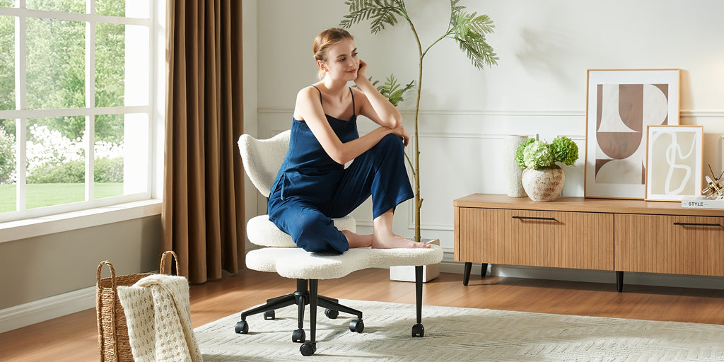 Cross Legged Chair - Meditation Chair with Wheels, ADHD Chair, Height Adjustable Seat, Adjustable Stool, Ergonomic Back Support, Flexible Design, Velvet White And PU Leather Black, Perfect Christmas Gift for Fidgety Sitters And Yoga Lover