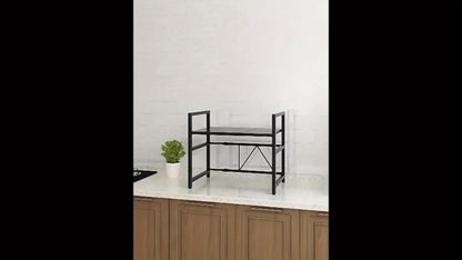 Expandable Microwave Oven Rack with Adjustable Width & Height – Kitchen Counter Organizer Shelf Stand for Microwave, Pots, Pans & Appliances, No Drilling Required, 15.75–25.2 Inch – Black