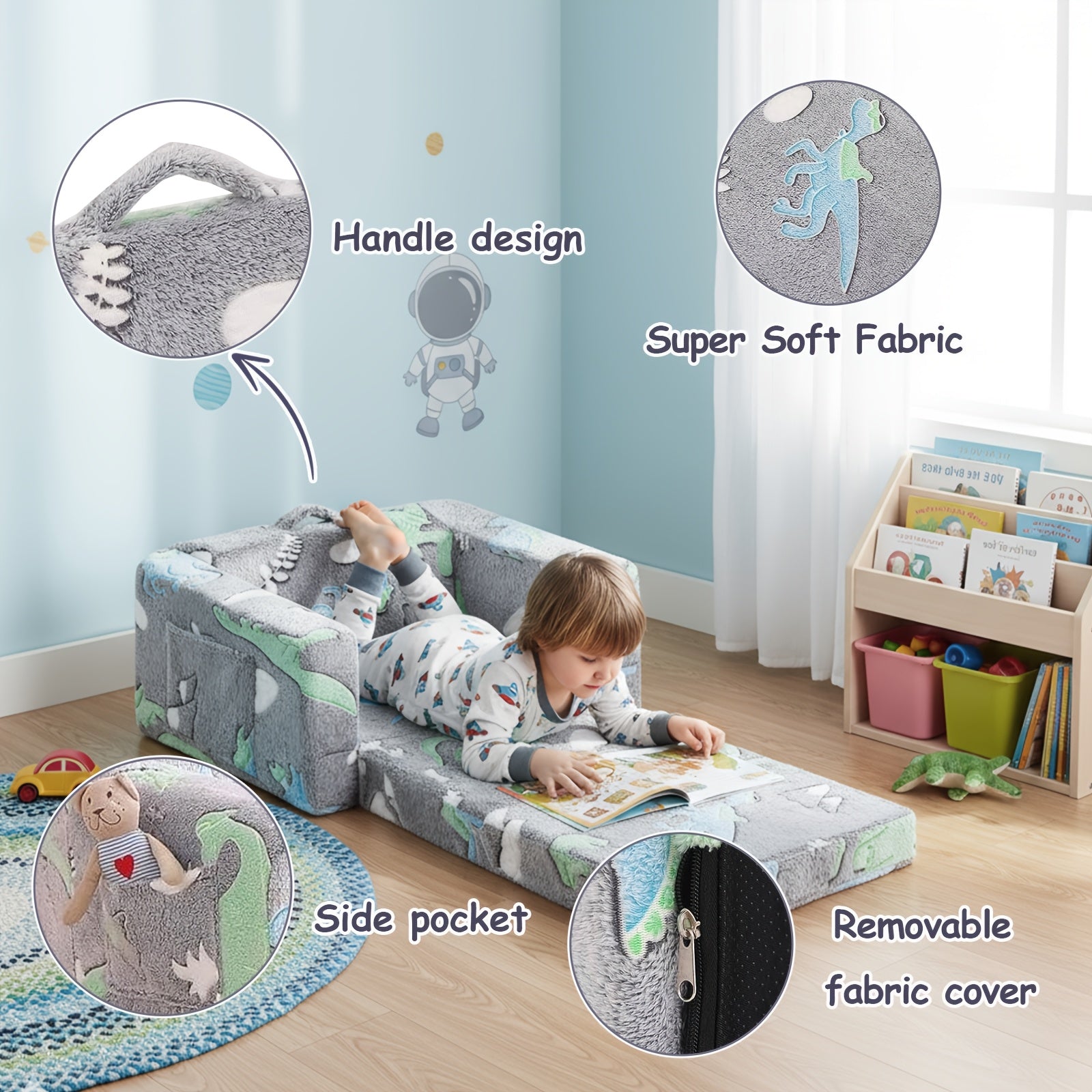 Tiita 2-In-1 Kids Sofa Bed Chair, Foldable Plush Lounger with Comfy Armrest, Machine Washable, Stackable, Multipurpose Furniture for Various Rooms
