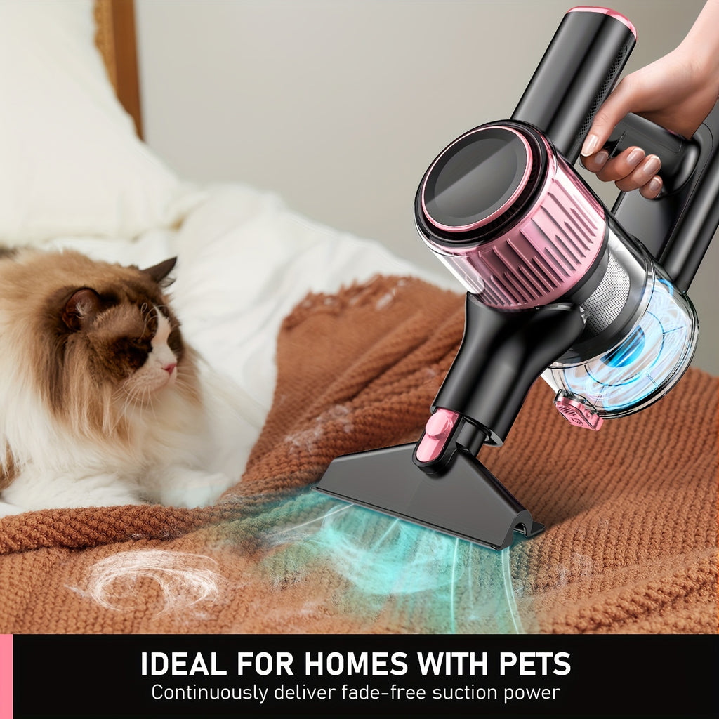 Cordless Vacuum Cleaner, 8-in-1 Lightweight Stick Vacuum Powerful Suction, 3 Suction Modes, LED Display, Anti-Tangle Vacuum Cleaner for Home, Hard Floor, Carpet, Pet Hair, Pink
