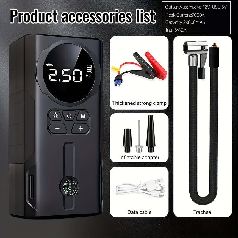 7000A Peak Portable Car Jump Starter 29800mAh with Air Pump, Tire Inflator, LED Flashlight, Power Bank & LCD Screen – Fits All 12V Vehicles up to 8L Gas/7L Diesel