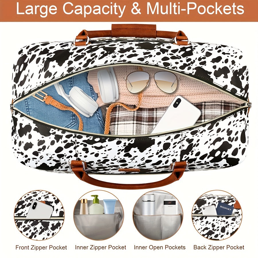 ITIEZY Women's 3pcs Cow Pattern Oxford Duffle Tote Bag with Shoe Compartment - Large Weekender Travel Bag Suitable for Overnight Trips, Airports, Trains & Buses - Stylish Carry-On Duffel