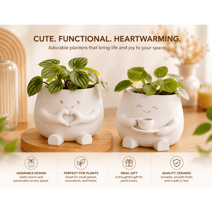 Cute Smiley Face Planter Set of 2 – Succulent Flower Pot & Pen Holder, Lightweight Desktop Decor for Home Office Bedroom, Unique Housewarming Birthday Gift for Women | ShopVora CA