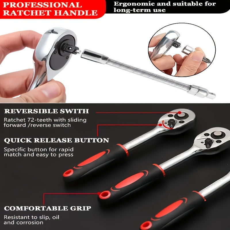 46/52+1/215+1pc Car Repair Tool Set, Ratchet Wrench, Metric Socket Screwdriver Bits, Including A Set Of Mechanical Tools, Extension Rod,  Joint, Slide Rod, SAE And Metric Sockets, Suitable for Vehicle, Industrial Equipment Maintenance