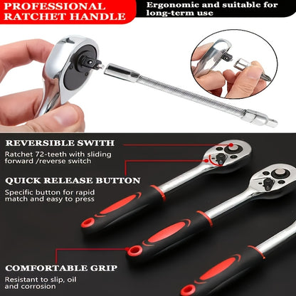 215-Piece Car Repair Tool Set – Ratchet Wrench, SAE & Metric Socket Set, Screwdriver Bits, Extension Rod & Slide Rod | Complete Mechanical Tool Kit for Vehicle & Industrial Equipment Maintenance | ShopVora CA