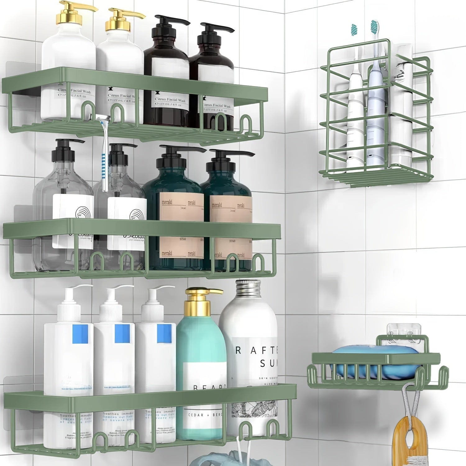 Stainless Steel Shower Caddy 5-Piece Set – Wall Mounted Adhesive Bathroom Organizer with Soap Dish & Toothbrush Holder | No-Drill Shower Shelf Rack for Inside Shower | 9 Colours | ShopVora CA