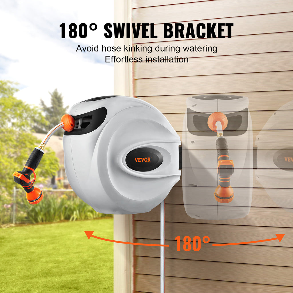 VEVOR Retractable Hose Reel Water Hose Reel 65'x5/8" / 84'x5/8" / 100'x1/2" / 115'x1/2" / 130'x1/2" 180° Swivel Wall-Mounted