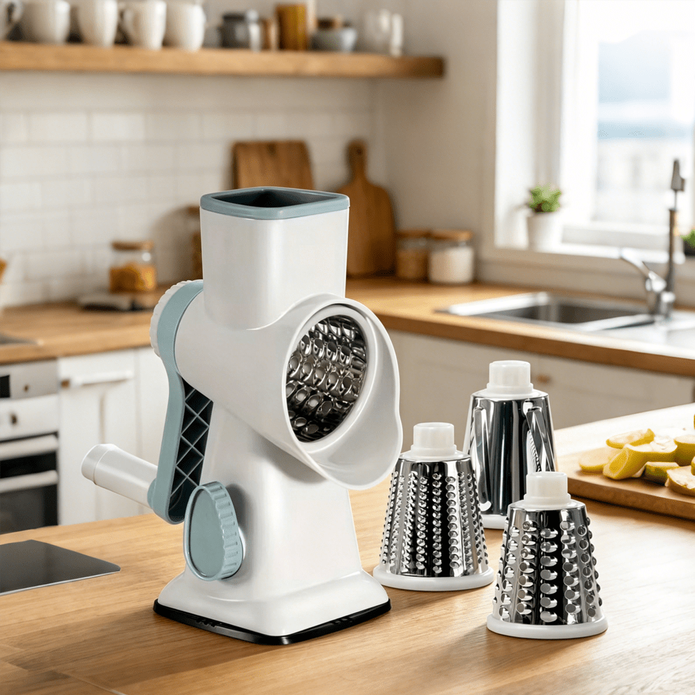 4-Piece Hand-Crank Drum Vegetable Cutter & Slicer – Manual Multi-Functional Kitchen Vegetable Chopper with Interchangeable Drums for Shredding, Slicing & Grating