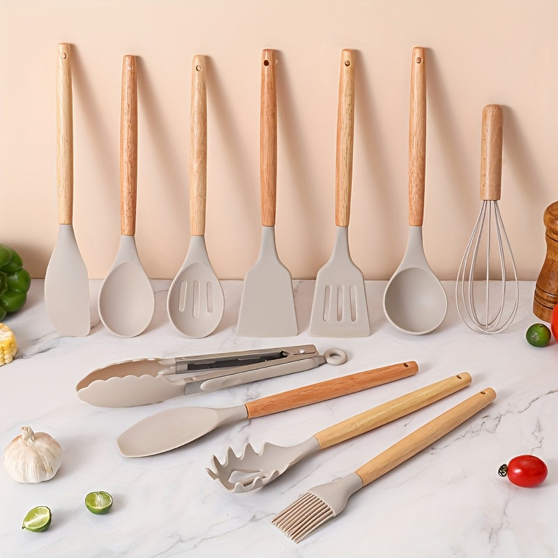 12pcs Silicone Utensil Set, Kitchen Utensil Set with Wooden Handle, Safety Cooking Utensils Set, Non-Stick Kitchen Tools Set, Washable Modern Cookware, Kitchen Stuff, Kitchen Gadgets Kitchen Accessories