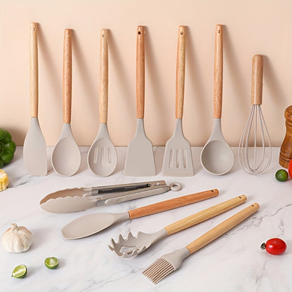 Silicone Kitchen Utensil Set 12-Piece with Wooden Handle, Non-Stick Safe Cooking Tools, Heat Resistant, Washable – Modern Kitchen Gadgets & Accessories for Home Cooking