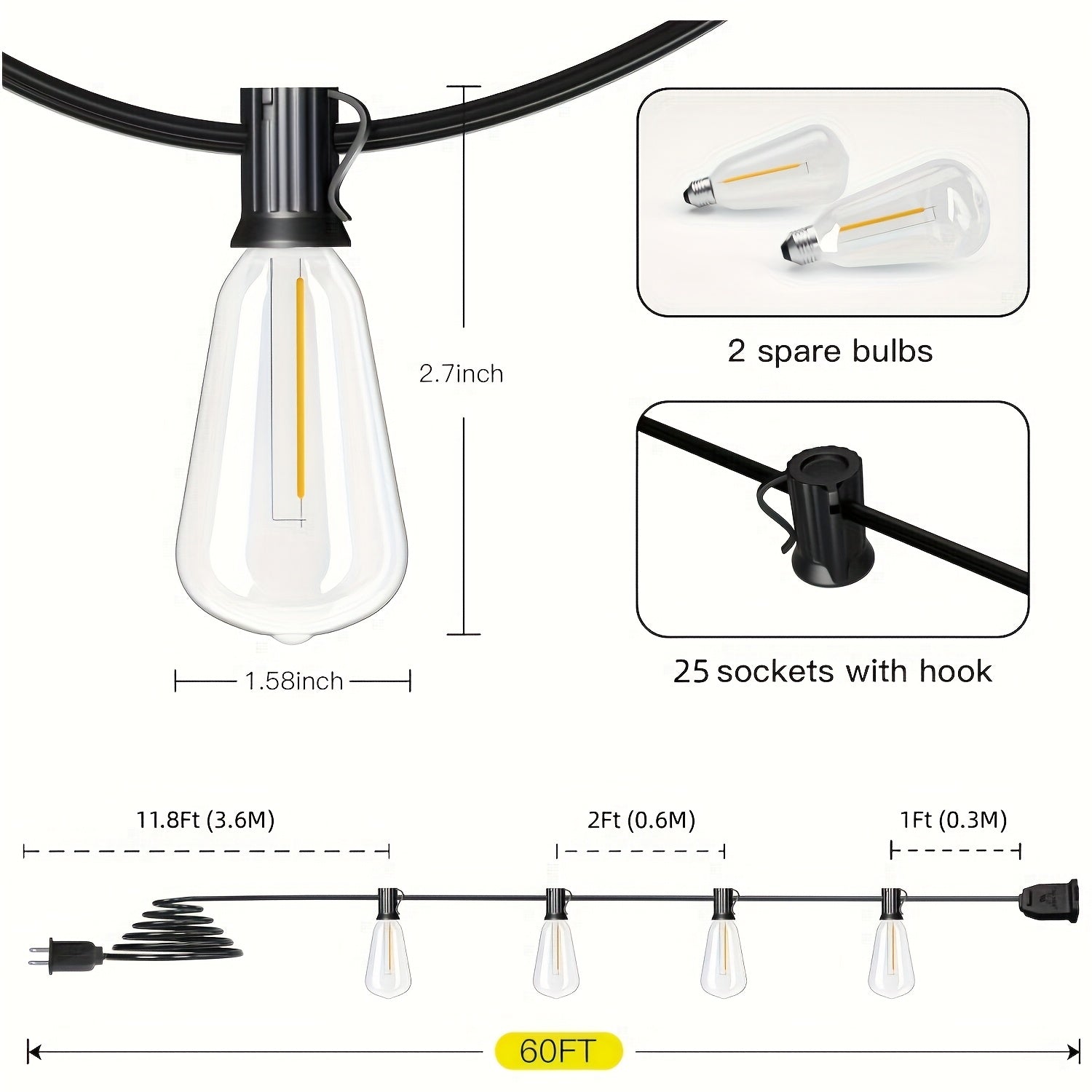 ST38 Outdoor String Lights LED Patio Lights – Shatterproof Vintage Edison Bulb, 2700K Warm White, Connectable Waterproof Hanging Lights for Backyard Garden Porch Party Cafe Decor