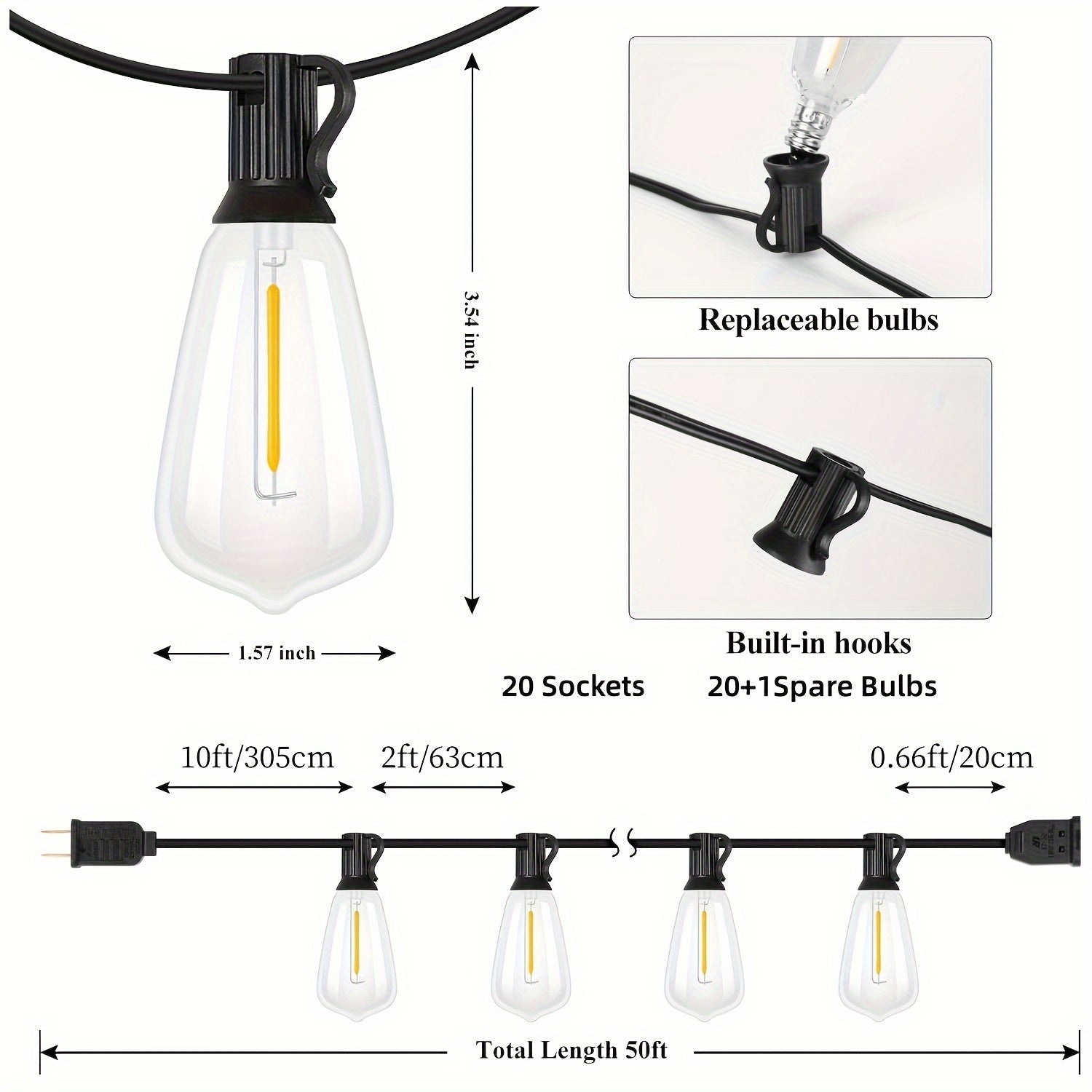 HYGX 50/100/150FT LED Outdoor String Lights, Patio Deck Lights With 20+1/40+2/60+2 ST38 Bulbs, Outside Hanging Lights Connectable For Garden, Porch, Patio, Balcony, Backyard, Party & Holiday Gift For Xmas Bistro, Halloween, Christmas Decoration