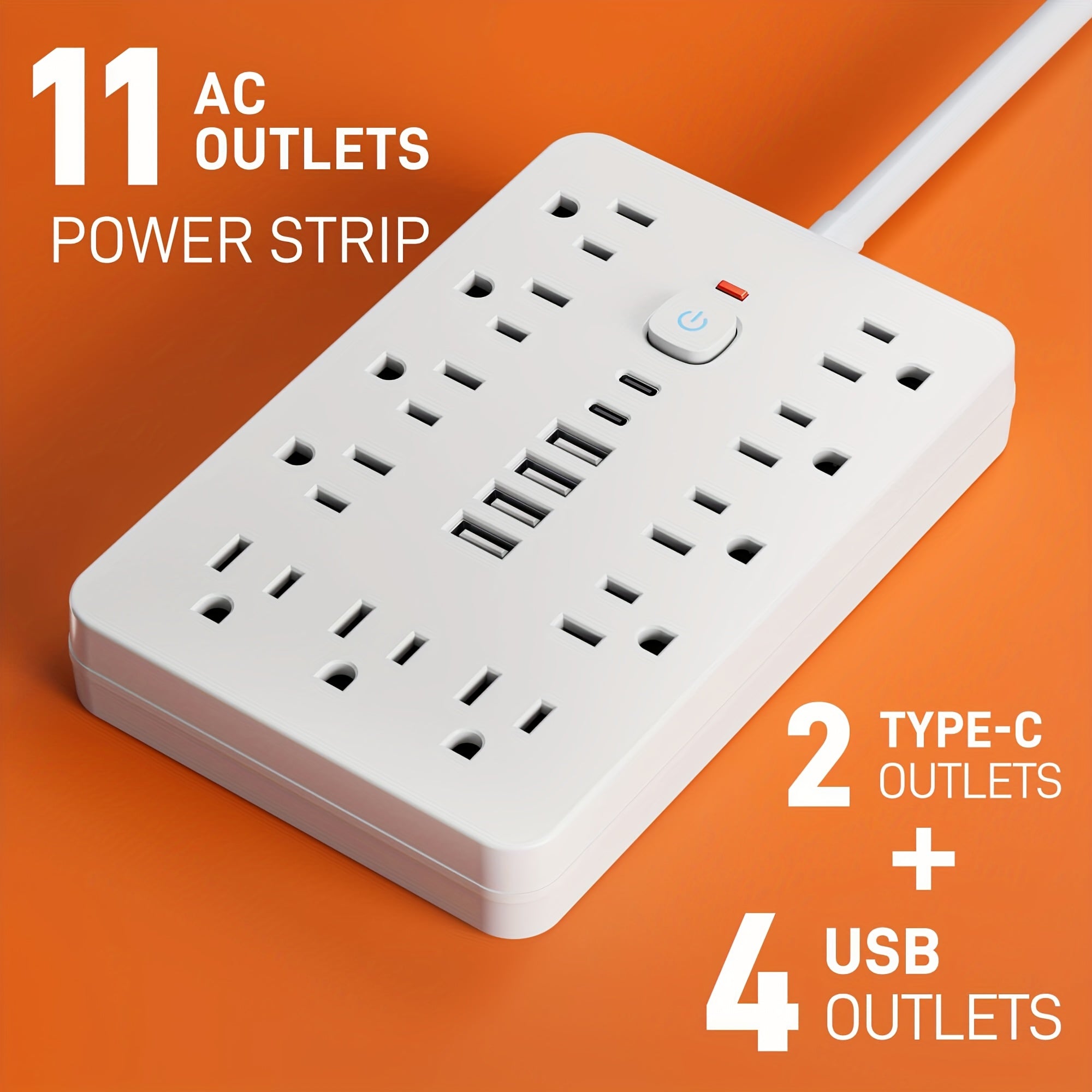 17-in-1 Power Strip Surge Protector, 11 AC Outlets & 6 USB Ports (2 USB-C), On/Off Switch, 5ft & 10ft Extension Cord – Ideal for Office, Kitchen, Dorm, Travel – Black & White