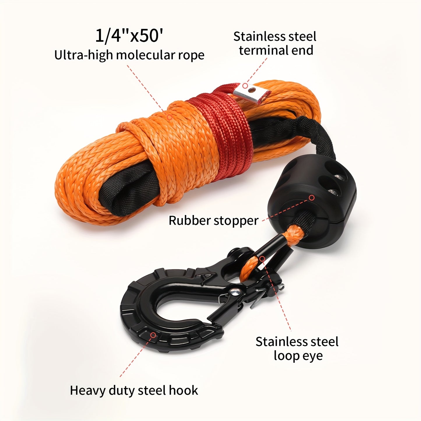 Synthetic Winch Rope Kit 1/4" x 50Ft, 9,650 Lbs Breaking Strength UHMWPE Winch Cable with Steel Hook, Protective Sleeve & Rubber Stopper for ATV, UTV & Off-Road Vehicles