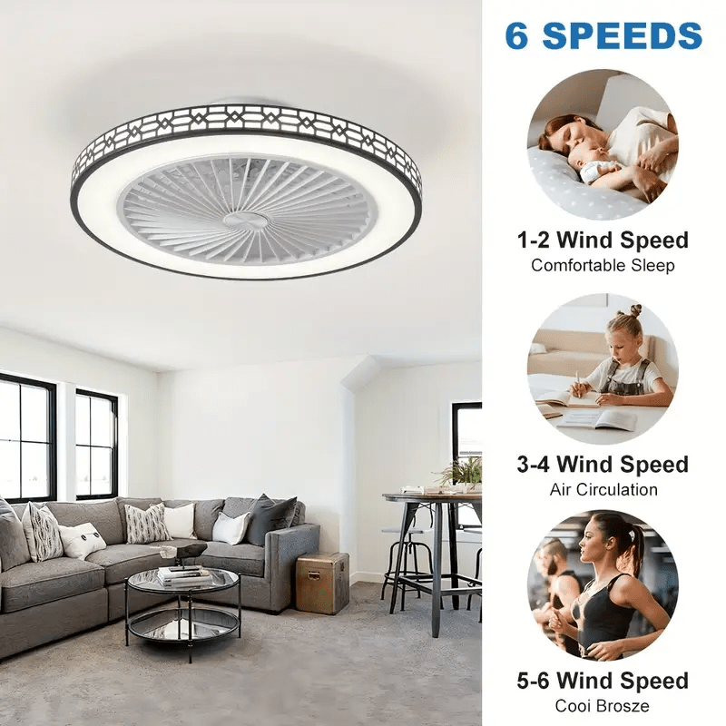 Modern Ceiling Fans With Lights, 20" Low Profile Flush Mount Ceiling Fan With Lights, LED Dimmable Timming Enclosed Fan Light, 6 Wind Speeds Ceiling Fan With Remote For Bedroom, Living Room, Kitchen, Office