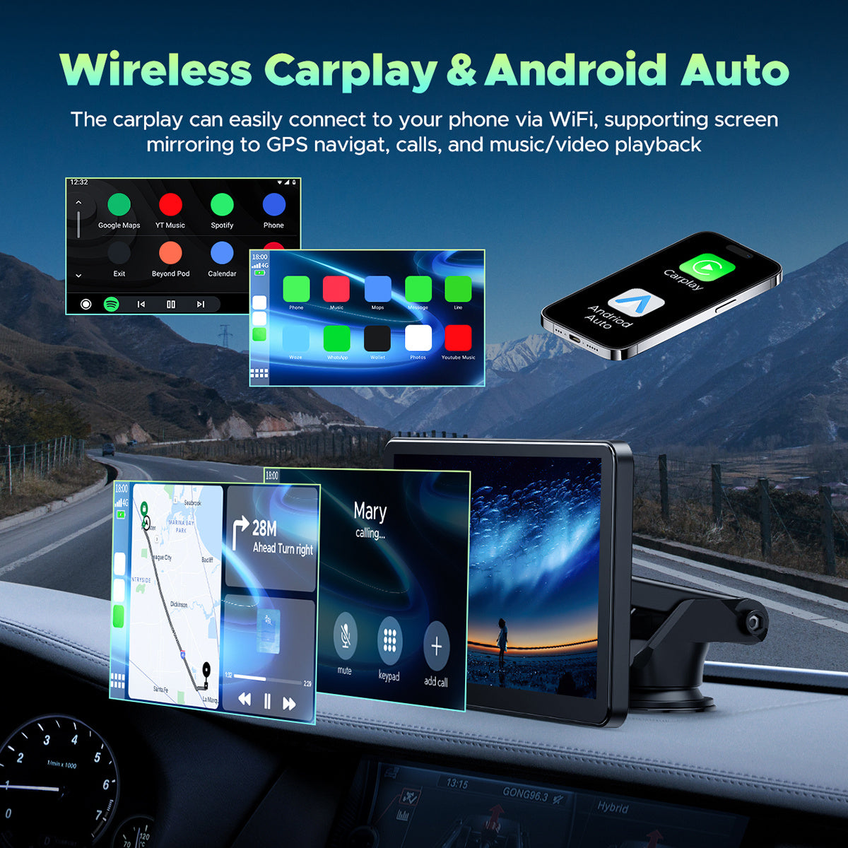 Portable Wireless CarPlay Screen for Car – 7"/9"/9.26" HD Display, Android Auto, GPS Navigation, Bluetooth, FM, AUX, AirPlay, Voice Control, Plug & Play for All Vehicles (Lamtto)