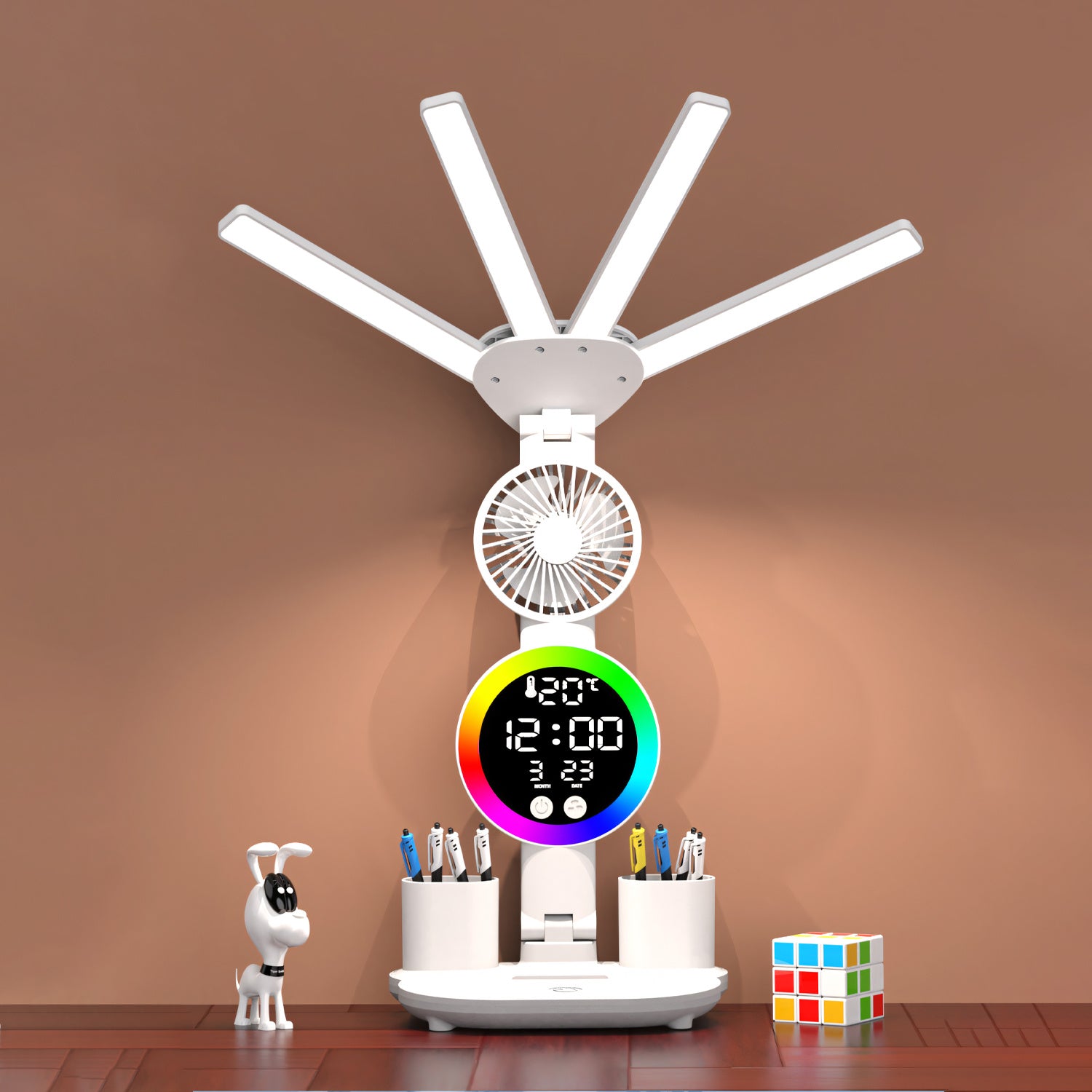 LED Desk Lamp for Study with LED Light, Built-in Fan, Time & Date Display, Temperature Display, Pen Holder Organizer, Touch Control, USB Powered (none rechargable) Multifunction Reading Lamp, Adjustable Brightness Eye-Care Table Lamp
