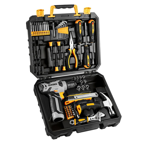 128-Piece Household Tool Kit with 8V Cordless Drill & Driver – 1.5Ah Rechargeable Battery, All-in-One Hand Tool Box for Home Repair, Garden, Camping & Office Maintenance, Craftsman Gift