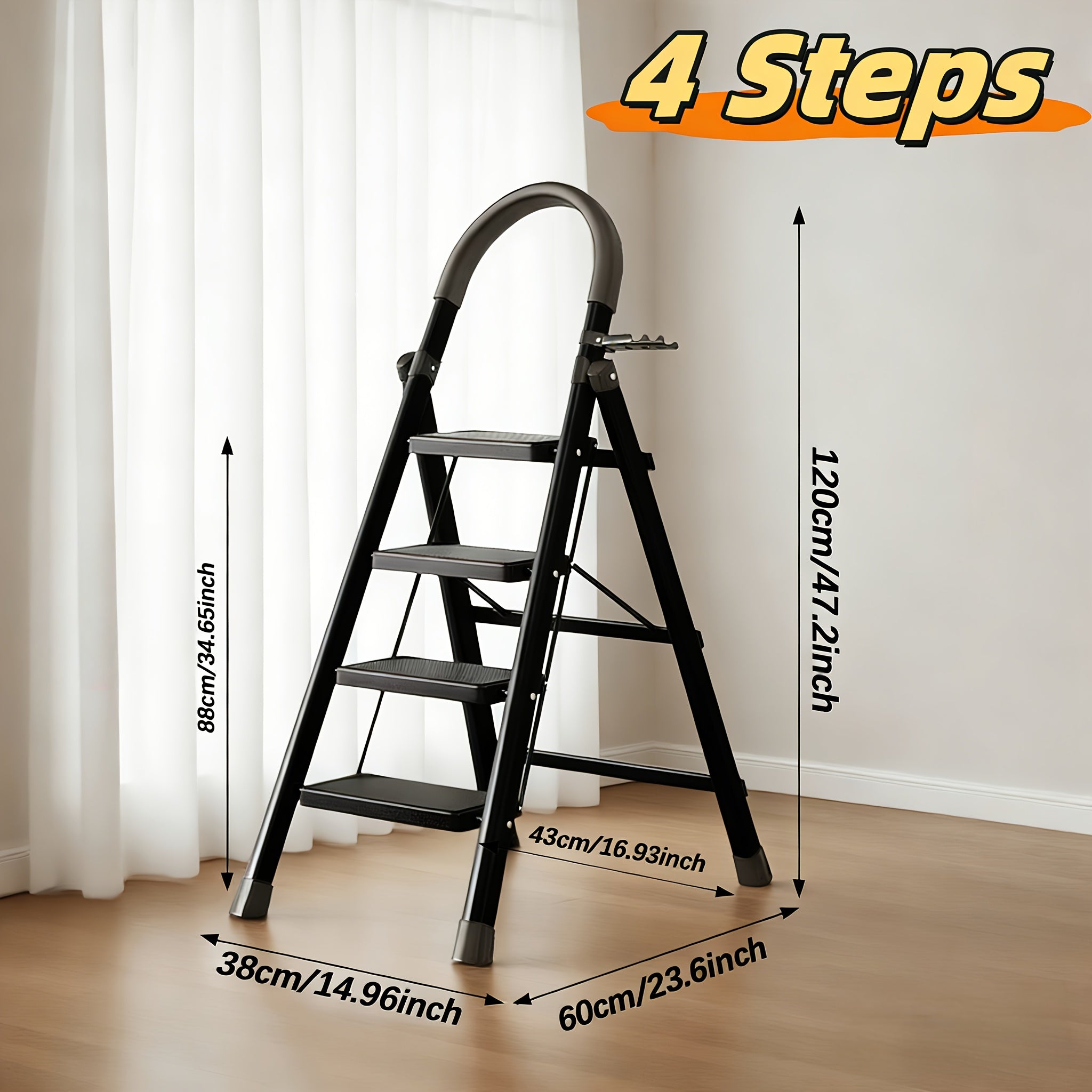 Heavy-Duty Foldable Step Ladder 3/4/5 Steps 450 lbs – Reinforced Steel with Tool Rack, Slip-Resistant Steps & Handrails, Portable for Home & Workplace, Black & Red Canada