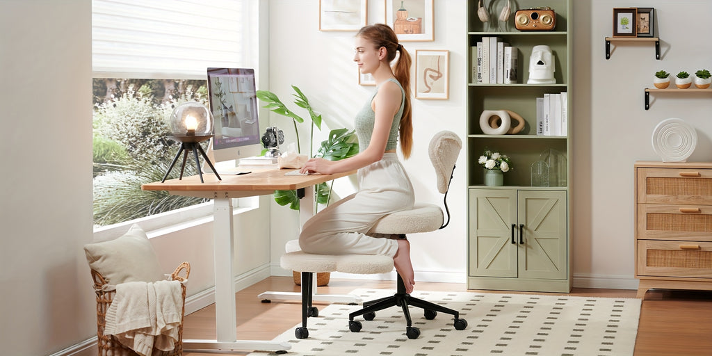 Cross Legged Chair - Meditation Chair with Wheels, ADHD Chair, Height Adjustable Seat, Adjustable Stool, Ergonomic Back Support, Flexible Design, Velvet White And PU Leather Black, Perfect Christmas Gift for Fidgety Sitters And Yoga Lover