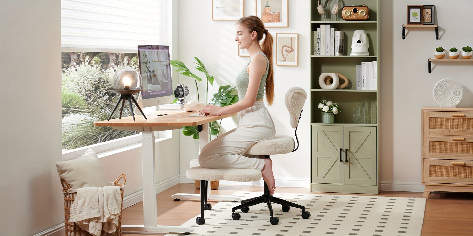 Cross Legged Chair - Meditation Chair with Wheels, ADHD Chair, Height Adjustable Seat, Adjustable Stool, Ergonomic Back Support, Flexible Design, Velvet White And PU Leather Black, Perfect Christmas Gift for Fidgety Sitters And Yoga Lover