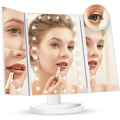 Tri-Fold LED Vanity Makeup Mirror 1x/2x/3x Magnification – 21 LED Lights, Touch Dimmer, 180° Rotation – Lighted Dressing Mirror for Women – Tabletop Makeup & Travel Mirror