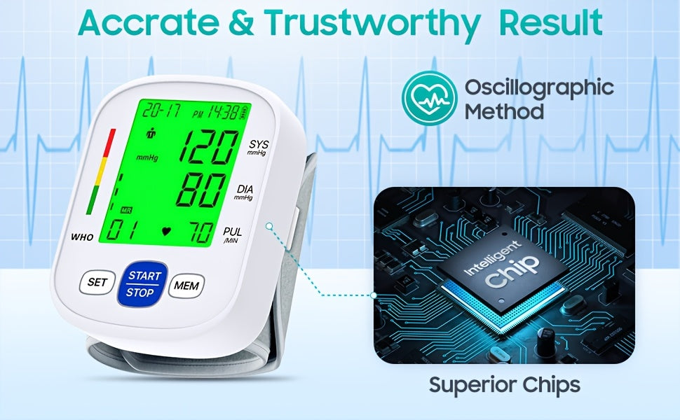 Wrist Blood Pressure Monitor – Portable Automatic Home BP Machine, Dual User Mode, 99 Memory, Color-Coded Backlit Display, One-Touch Reading, USB/Battery, Adjustable Cuff