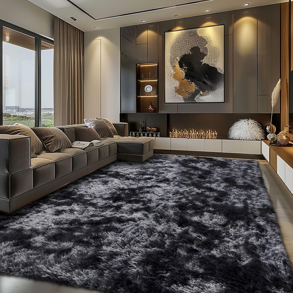 Fluffy Soft Area Rug – Luxury Non-Slip Indoor Carpet for Living Room, Bedroom & Home Decoration, Ultra-Plush Floor Rug, 7 Colours & 5 Sizes, Tie-Dye Black White Navy Blue Grey
