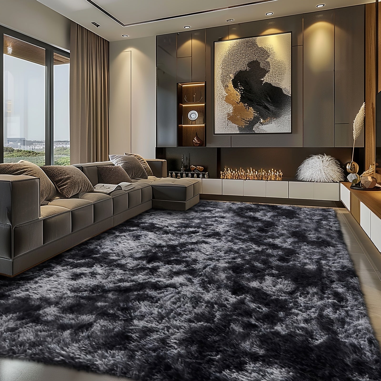Fluffy Soft Area Rug – Luxury Non-Slip Indoor Carpet for Living Room, Bedroom & Home Decoration, Ultra-Plush Floor Rug, 7 Colours & 5 Sizes, Tie-Dye Black White Navy Blue Grey