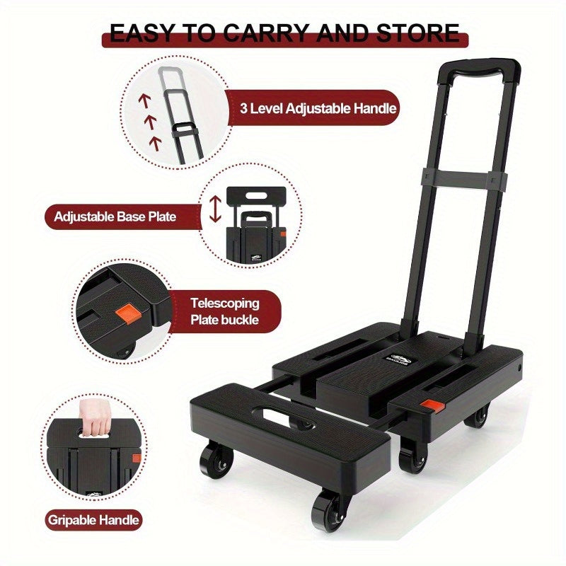Foldable Hand Truck, 500LB Capacity Handcart, Convertible Hand Truck with Extendable Handle, Hand Truck with 4 Wheels, Portable Hand Truck for Home, Office, And Yard Use. Material Handling