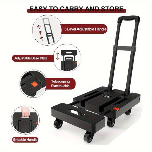 Foldable Hand Truck, 500LB Capacity Handcart, Convertible Hand Truck with Extendable Handle, Hand Truck with 4 Wheels, Portable Hand Truck for Home, Office, And Yard Use. Material Handling